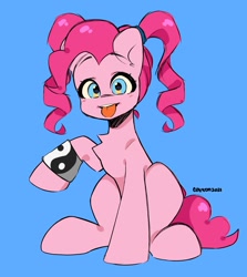 Size: 1178x1318 | Tagged: safe, artist:cottonsweets, imported from derpibooru, pinkie pie, earth pony, pony, :p, alternate hairstyle, blue background, female, mare, pigtails, simple background, sitting, solo, tongue out, wristband, yin-yang