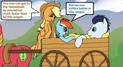 Size: 1486x812 | Tagged: safe, artist:soks777, imported from derpibooru, applejack, big macintosh, rainbow dash, soarin', earth pony, pegasus, pony, cart, dialogue, female, male, shipping, soarindash, speech bubble, straight