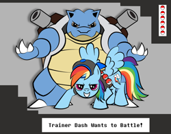 Size: 3276x2550 | Tagged: safe, artist:vareb, imported from derpibooru, rainbow dash, blastoise, pegasus, pony, backwards ballcap, baseball cap, cap, hat, high res, poké ball, pokéball, pokémon, pokémon trainer, text, video game