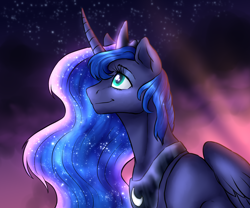 Size: 2000x1667 | Tagged: safe, artist:not-ordinary-pony, derpibooru exclusive, imported from derpibooru, princess luna, alicorn, pony, crown, ethereal mane, female, jewelry, mare, night, regalia, smiling, solo, starry mane