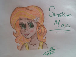 Size: 939x705 | Tagged: safe, artist:sunsetsparkle129, imported from derpibooru, oc, oc only, oc:sunshine mac, human, blushing, bust, female, flower, humanized, humanized oc, offspring, parent:big macintosh, parent:fluttershy, parents:fluttermac, traditional art