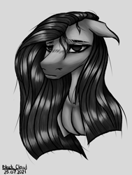 Size: 2233x2948 | Tagged: safe, artist:blackcloud2000, imported from derpibooru, pinkie pie, earth pony, pony, bust, floppy ears, high res, monochrome, pinkamena diane pie, portrait, sad, solo