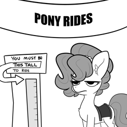 Size: 3000x3000 | Tagged: safe, artist:tjpones, imported from derpibooru, oc, oc only, oc:brownie bun, earth pony, pony, horse wife, banner, black and white, brownie bun is not amused, ear fluff, earth pony oc, female, grayscale, high res, lidded eyes, mare, monochrome, saddle, simple background, solo, tack, unamused, white background