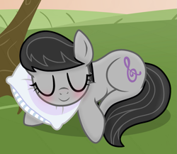 Size: 1245x1080 | Tagged: safe, artist:grapefruit-face, imported from derpibooru, octavia melody, pony, base used, blushing, cute, eyes closed, outdoors, pillow, show accurate, sleeping, solo, tavibetes, tree