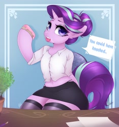 Size: 1692x1809 | Tagged: safe, artist:darkmaxxie, imported from derpibooru, starlight glimmer, semi-anthro, unicorn, belly button, clothes, desk, dialogue, donut, dress shirt, female, food, midriff, open mouth, panties, paper, skirt, socks, solo, stockings, talking, thigh highs, thong, underwear, zettai ryouiki