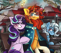 Size: 3500x3000 | Tagged: safe, artist:its_sunsetdraws, imported from derpibooru, starlight glimmer, sunburst, trixie, pony, unicorn, building, calm, cheek fluff, cloak, clothes, cutie mark, digital art, fanart, female, glasses, high res, leaves, male, outdoors, shipping, sitting, starburst, straight, sunburst's cloak, sunburst's glasses, tree, unicorn trio