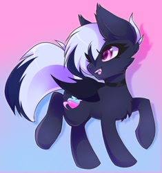 Size: 1441x1530 | Tagged: safe, artist:darkmaxxie, imported from derpibooru, oc, oc:maxie, bat pony, pony, chest fluff, choker, ear fluff, gradient background, happy, looking back, raised leg, standing