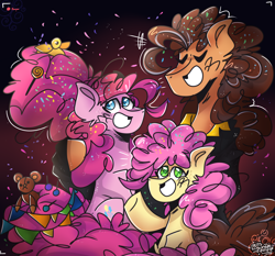 Size: 3000x2800 | Tagged: safe, artist:its_sunsetdraws, imported from derpibooru, cheese sandwich, li'l cheese, pinkie pie, earth pony, pony, the last problem, abstract background, camera shot, candy, candy in hair, cheek fluff, cheesepie, clothes, confetti, cutie mark, digital art, family, family photo, female, food, high res, lollipop, looking at you, male, poofy mane, rubber duck, shipping, sitting, smiling, smiling at you, straight, streamers, teddy bear, vest