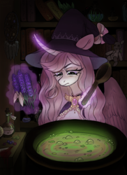 Size: 2783x3823 | Tagged: safe, artist:bloodymrr, imported from derpibooru, oc, oc only, alicorn, earth pony, pegasus, pony, unicorn, background, cauldron, clothes, commission, cooking, hat, high res, lavender, magic, solo, witch, witch costume, witch hat, witchcraft