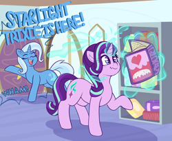 Size: 4250x3486 | Tagged: safe, artist:graphenescloset, imported from derpibooru, starlight glimmer, trixie, pony, unicorn, series:starlight and trixie magic gain drive, book, dialogue, duo, eyes closed, female, imminent weight gain, incentive drive, inconvenient trixie, magic, mare, now you fucked up, open mouth, telekinesis, this will end in weight gain, weight gain sequence