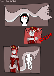 Size: 1984x2806 | Tagged: safe, artist:tenenbris, imported from derpibooru, oc, oc only, oc:dead meat, oc:scylla, anthro, anthro oc, anthro with ponies, biting, comic, female, filly, high res, latex