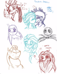 Size: 2146x2795 | Tagged: safe, artist:chibi-n92, imported from derpibooru, discord, anthro, big cat, dinosaur, draconequus, lion, turtle, bust, clothes, elsa, female, frozen (movie), heart, high res, jack skellington, sketch, sketch dump, smiling, teenage mutant ninja turtles, the lion king, the nightmare before christmas