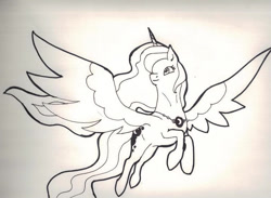 Size: 768x563 | Tagged: safe, artist:joan-grace, imported from derpibooru, princess luna, alicorn, pony, female, flying, horn, inktober, inktober 2015, jewelry, mare, necklace, solo, spread wings, traditional art, wings