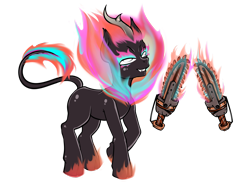 Size: 1473x1100 | Tagged: safe, artist:leastways, imported from derpibooru, oc, oc only, oc:bloody butchress, kirin, nirik, fallout equestria, commission, fanfic art, fire, horn, looking up, nirik fire, nirik oc, oc villian, ripper (weapon), simple background, sketch, solo, transparent background