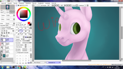 Size: 1366x768 | Tagged: safe, artist:eperyton, imported from derpibooru, oc, oc only, pony, unicorn, bald, bust, horn, photo, picture of a screen, smiling, solo, unicorn oc, wip