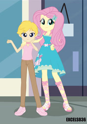Size: 2480x3508 | Tagged: safe, artist:excelso36, imported from derpibooru, imported from ponybooru, fluttershy, oc, oc:cherish lynne, equestria girls, canon x oc, choker, clothes, commissioner:shortskirtsandexplosions, female, femboy, fingernails, high res, makeup, male, size difference, straight