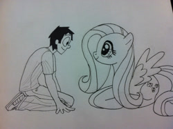 Size: 2592x1936 | Tagged: safe, artist:ceehoff, imported from derpibooru, fluttershy, oc, human, pegasus, pony, cute, eyelashes, female, human oc, kneeling, lineart, looking at each other, lying down, male, mare, ponyloaf, prone, shyabetes, smiling, traditional art, wings
