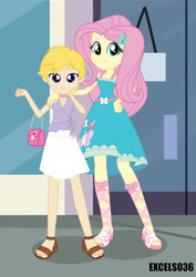 Size: 2480x3508 | Tagged: safe, alternate version, artist:excelso36, imported from derpibooru, imported from ponybooru, fluttershy, oc, oc:cherish lynne, equestria girls, canon x oc, choker, clothes, commissioner:shortskirtsandexplosions, crossdressing, female, femboy, fluttershy likes femboys, girly, high res, makeup, male, purse, size difference, skirt, straight