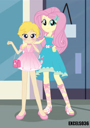 Size: 2480x3508 | Tagged: safe, alternate version, artist:excelso36, imported from derpibooru, imported from ponybooru, fluttershy, oc, oc:cherish lynne, equestria girls, blushing, canon x oc, choker, clothes, commissioner:shortskirtsandexplosions, crossdressing, female, femboy, fluttershy likes femboys, girly, high res, makeup, male, purse, sissy, size difference, skirt, straight