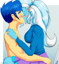Size: 500x537 | Tagged: safe, artist:kamushek228, edit, imported from derpibooru, flash sentry, trixie, equestria girls, blushing, breasts, busty trixie, clothed female nude male, cropped, female, kissing, male, sentrixie, shipping, straight