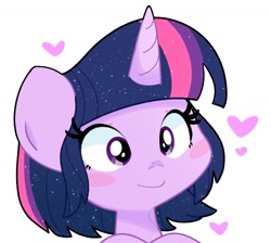 Size: 1195x1072 | Tagged: safe, artist:kindakismet, imported from derpibooru, twilight sparkle, pony, alternate hairstyle, blush sticker, blushing, bust, cute, female, heart, mare, portrait, short mane, simple background, solo, twiabetes, white background