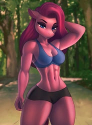 Size: 737x1000 | Tagged: safe, artist:aozee, imported from derpibooru, pinkie pie, anthro, earth pony, bedroom eyes, belly button, breasts, busty pinkie pie, clothes, commission, digital art, female, looking at you, muscles, muscular female, pinkamena diane pie, shorts, solo, sports bra, sports shorts, tail, thighs, wide hips