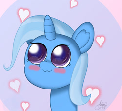 Size: 1280x1164 | Tagged: safe, artist:limitmj, imported from derpibooru, trixie, pony, unicorn, :3, blush sticker, blushing, cute, diatrixes, eyelashes, female, floating heart, heart, horn, mare, starry eyes, wingding eyes