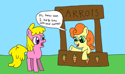 Size: 1777x1042 | Tagged: safe, artist:yorkyloves, carrot top, cherry berry, golden harvest, earth pony, pony, background pony, carrot, chatting, cherrygasp, female, food, gasp, mare, open mouth, park, speech bubble, stand, talking, that was fast, what was that