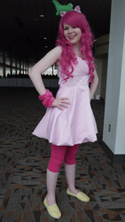 Size: 2592x4608 | Tagged: safe, imported from derpibooru, gummy, pinkie pie, human, bronycon, bronycon 2014, clothes, cosplay, costume, hand on hip, irl, irl human, photo, plushie