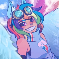 Size: 700x700 | Tagged: safe, artist:yuihopes, imported from derpibooru, rainbow dash, human, clothes, cutie mark, cutie mark on clothes, ear fluff, eared humanization, female, goggles, grin, humanized, looking at you, redraw, sleeveless, smiling, solo, starry eyes, wingding eyes, winged humanization, wings