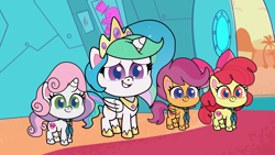 Size: 1920x1080 | Tagged: safe, imported from derpibooru, screencap, apple bloom, princess celestia, scootaloo, sweetie belle, alicorn, earth pony, pegasus, pony, unicorn, dol-fin-ale, my little pony: pony life, 1080p, adorabloom, cute, cutealoo, cutelestia, cutie mark crusaders, diasweetes, g4.5, pony life