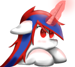 Size: 391x354 | Tagged: safe, imported from derpibooru, oc, oc:snowi, pony, unicorn, blue hair, female, glowing horn, head, horn, magic, magic aura, mare, red and blue, red eyes, red hair