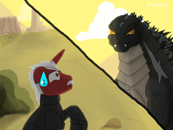 Size: 4032x3024 | Tagged: safe, artist:lordshrekzilla20, imported from derpibooru, oc, oc:onix star, kaiju, unicorn, fanfic:godzilla:clash of the titans, desert, fanfic art, glare, godzilla, godzilla (series), nervous, sweat, sweatdrop