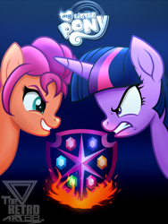 Size: 1100x1466 | Tagged: safe, artist:theretroart88, imported from derpibooru, sunny starscout, twilight sparkle, alicorn, earth pony, pony, unicorn, civil war, duo, fangirl, female, fire, g4, g4 purist, g5, g5 purist, g5 to g4, gradient background, in-universe pegasister, let them fight, mare, simple background, staredown, sunny and her heroine, this might end in pain, twilight sparkle (alicorn), unicorn twilight