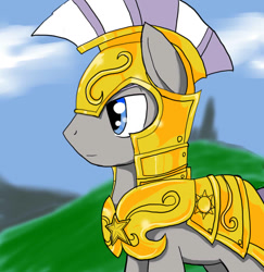 Size: 778x800 | Tagged: safe, artist:a.s.e, imported from derpibooru, earth pony, pony, alone, armor, blurry background, cloud, helmet, male, outdoors, royal guard, sky, solo, stallion