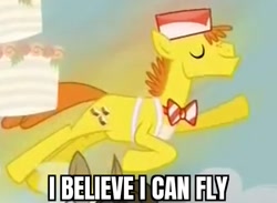 Size: 599x439 | Tagged: safe, edit, edited screencap, imported from derpibooru, screencap, carrot cake, pony, season 5, slice of life (episode), bowtie, cropped, eyes closed, falling with style, i believe i can fly, majestic as fuck, male, meme, r. kelly, song reference