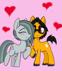 Size: 673x767 | Tagged: safe, artist:a.s.e, imported from derpibooru, marble pie, oc, oc:a.s.e, earth pony, pony, canon x oc, couple, duo, female, glasses, happy, heart, love, male, shipping, straight, together