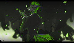 Size: 3000x1738 | Tagged: artist needed, safe, artist:kyyrin, imported from derpibooru, oc, oc only, oc:villainshima, anthro, changeling, hybrid, insect, anthro oc, chitin, clothes, fangs, fire, green changeling, green fire, gun, high res, solo, suit, teeth, tuxedo, weapon