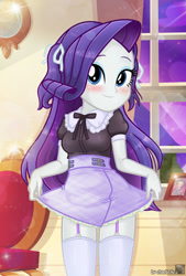Size: 842x1246 | Tagged: safe, alternate version, artist:charliexe, imported from derpibooru, imported from ponybooru, rarity, equestria girls, belt, blushing, clothes, cute, dress, eyeshadow, female, garter belt, garter straps, garters, maid, maidity, makeup, microskirt, miniskirt, raribetes, skirt, smiling, socks, solo, stockings, thigh highs, thigh socks