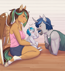 Size: 2316x2524 | Tagged: safe, artist:askbubblelee, imported from derpibooru, imported from ponybooru, oc, oc only, oc:bubble lee, oc:kiwi breeze, oc:silver lining, anthro, pegasus, pony, unguligrade anthro, unicorn, baby, baby pony, body freckles, clothes, crying, curved horn, dialogue, digital art, eyes closed, facial hair, family, female, foal, freckles, happy, high res, horn, male, mare, moustache, pegasus oc, shorts, smiling, stallion, tears of joy, trio, unicorn oc, wings