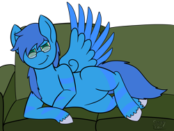 Size: 4000x3000 | Tagged: safe, artist:soupyfox, imported from derpibooru, part of a set, oc, oc only, pegasus, pony, couch, glasses, lying down, male, smiling, smirk, solo, spread wings, stallion, wings