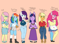 Size: 2048x1536 | Tagged: safe, artist:mintymelody, imported from derpibooru, applejack, fluttershy, pinkie pie, rainbow dash, rarity, twilight sparkle, anthro, plantigrade anthro, apron, clothes, digital art, eye clipping through hair, female, females only, mane six, orange background, simple background