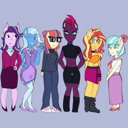 Size: 2048x2048 | Tagged: safe, artist:mintymelody, imported from derpibooru, coco pommel, fizzlepop berrytwist, moondancer, starlight glimmer, sunset shimmer, tempest shadow, trixie, anthro, plantigrade anthro, clothes, converse, female, females only, high res, shoes, simple background