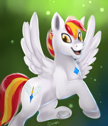 Size: 3000x3500 | Tagged: safe, artist:tehtigress, imported from derpibooru, oc, oc only, oc:shining sky, pegasus, pony, commission, frog (hoof), gradient background, high res, looking at you, male, open mouth, open smile, pegasus oc, signature, smiling, solo, solo male, spread wings, stallion, tail, underhoof, wings, ych result