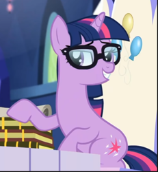 Size: 516x559 | Tagged: safe, imported from derpibooru, screencap, sci-twi, twilight sparkle, pony, unicorn, equestria girls, equestria girls series, spring breakdown, cropped, equestria girls ponified, glasses, lidded eyes, ponified, sitting, smiling, solo, throne, unicorn sci-twi