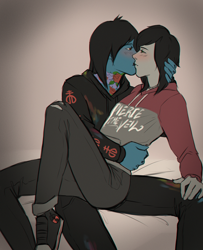 Size: 2500x3080 | Tagged: safe, artist:tavishcg, imported from derpibooru, equestria girls, bring me the horizon, clothes, commission, converse, disguise, disguised siren, equestria girls-ified, gay, high res, hoodie, jeans, kellin quinn, kissing, lip piercing, male, oliver sykes, pants, piercing, ripped jeans, ripped pants, shipping, shoes, sleeping with sirens, tattoo, torn clothes, ych result