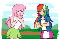 Size: 5960x3888 | Tagged: safe, artist:kittyrosie, imported from derpibooru, fluttershy, rainbow dash, human, equestria girls, season 1, sonic rainboom (episode), absurd resolution, clothes, crossed arms, cute, dashabetes, digital art, duo, duo female, equestria girls interpretation, eye clipping through hair, eyebrows, eyebrows visible through hair, eyes closed, female, flutteryay, frown, human coloration, humanized, open mouth, open smile, rainbow dash is not amused, scene interpretation, shyabetes, smiling, unamused, yay