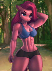 Size: 737x1000 | Tagged: safe, artist:aozee, imported from derpibooru, pinkie pie, anthro, earth pony, abs, arm behind head, armpits, bedroom eyes, belly button, biceps, breasts, busty pinkie pie, clothes, commission, detailed background, digital art, female, forest, looking at you, muscles, muscular female, pinkamena diane pie, pinkamena diane pump, pose, shorts, solo, solo female, sports bra, sports shorts, tail, thighs, tree, wide hips