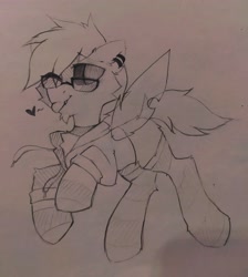 Size: 2228x2489 | Tagged: safe, artist:mirtash, imported from derpibooru, oc, oc only, changeling, :p, clothes, fangs, glasses, heart, high res, hooves, one eye closed, sketch, socks, solo, striped socks, tongue out, traditional art, wink