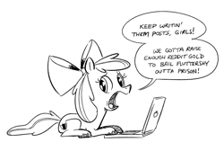 Size: 962x646 | Tagged: safe, artist:mellodillo, imported from derpibooru, apple bloom, earth pony, pony, black and white, computer, female, filly, grayscale, implied cutie mark crusaders, implied fluttershy, laptop computer, monochrome